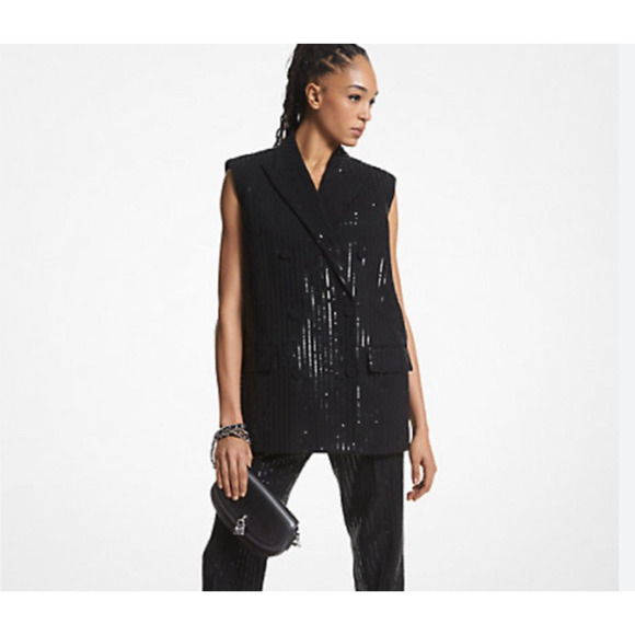 Michael Kors Pinstripe Sequined Crepe Sleeveless Blazer Black 10 (xRTR) RT $655 - Picture 1 of 14